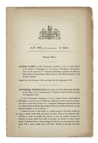 AERONAUTICS.  Smythies, John Kinnersley. A. D. 1867, 4th September. Nº 2504. Steam Bird.  Letters Patent.  1868